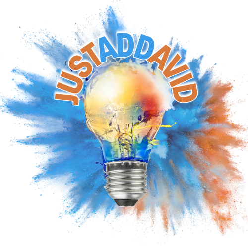JustADDavid logo lightbulb with brown and blue